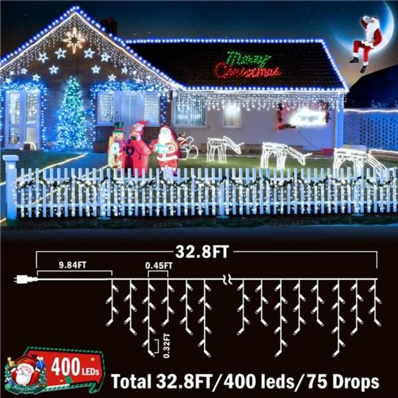 Christmas Lights Outdoor Decor 400 LED 33ft 8 Modes Curtain Fairy String Light - Picture 4 of 7